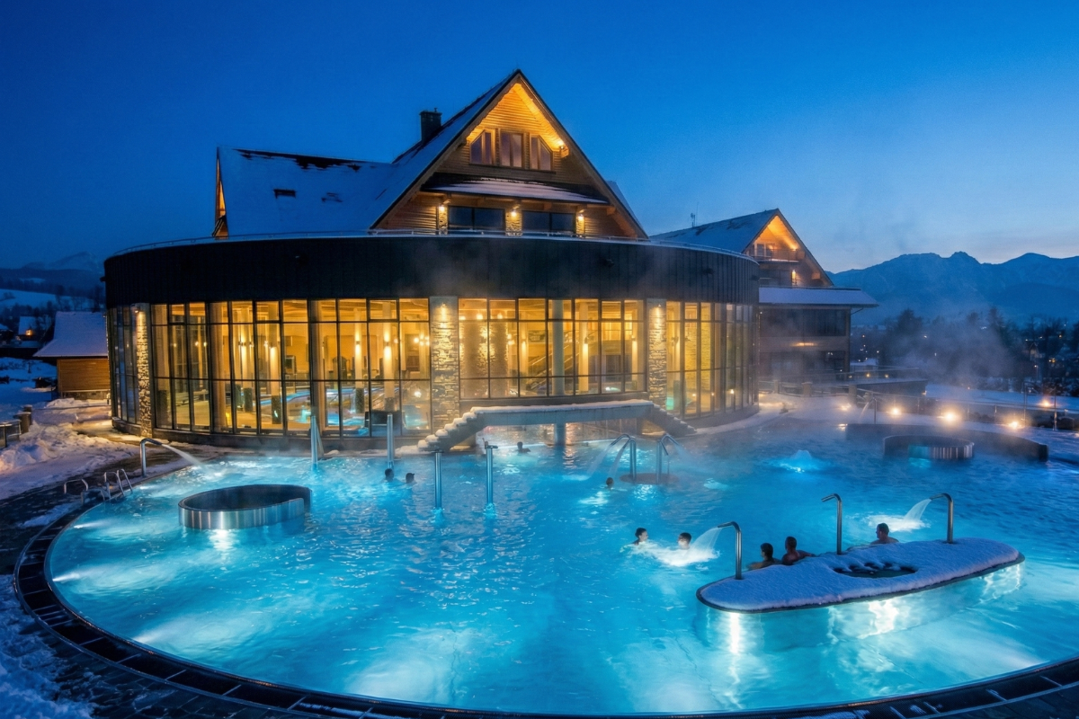Evening Thermal Pools in Zakopane Zakopane thermal baths evening view outdoor heated pools Chochołowskie Termy