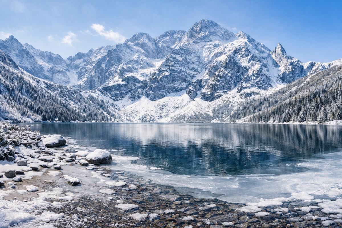 tatra-lake-winter Frozen Tatra Mountain lake with snowy peaks and shoreline