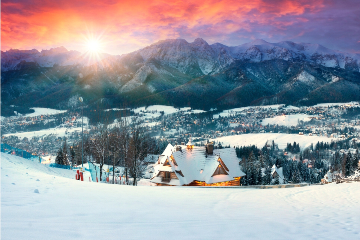 tatra-sunrise-panorama Zakopane panorama with Tatra Mountains at sunset in winter