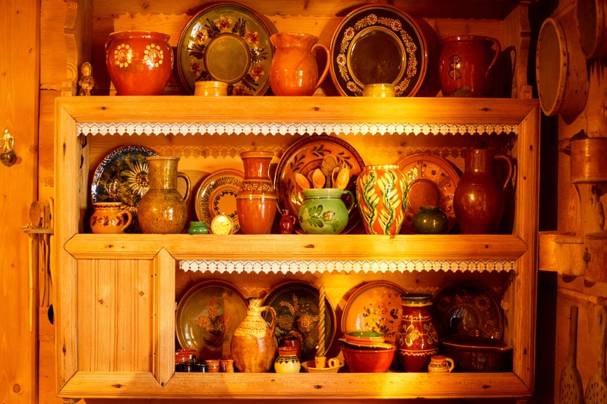 traditional-pottery-wooden-shelf Traditional Zakopane highlander pottery displayed on wooden shelves