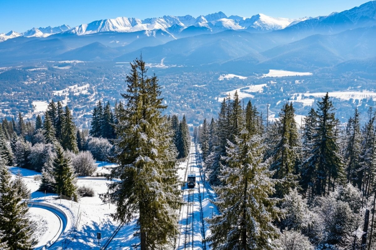 gubalowka-funicular-winter-view Winter view from Gubalowka with funicular track and Tatras