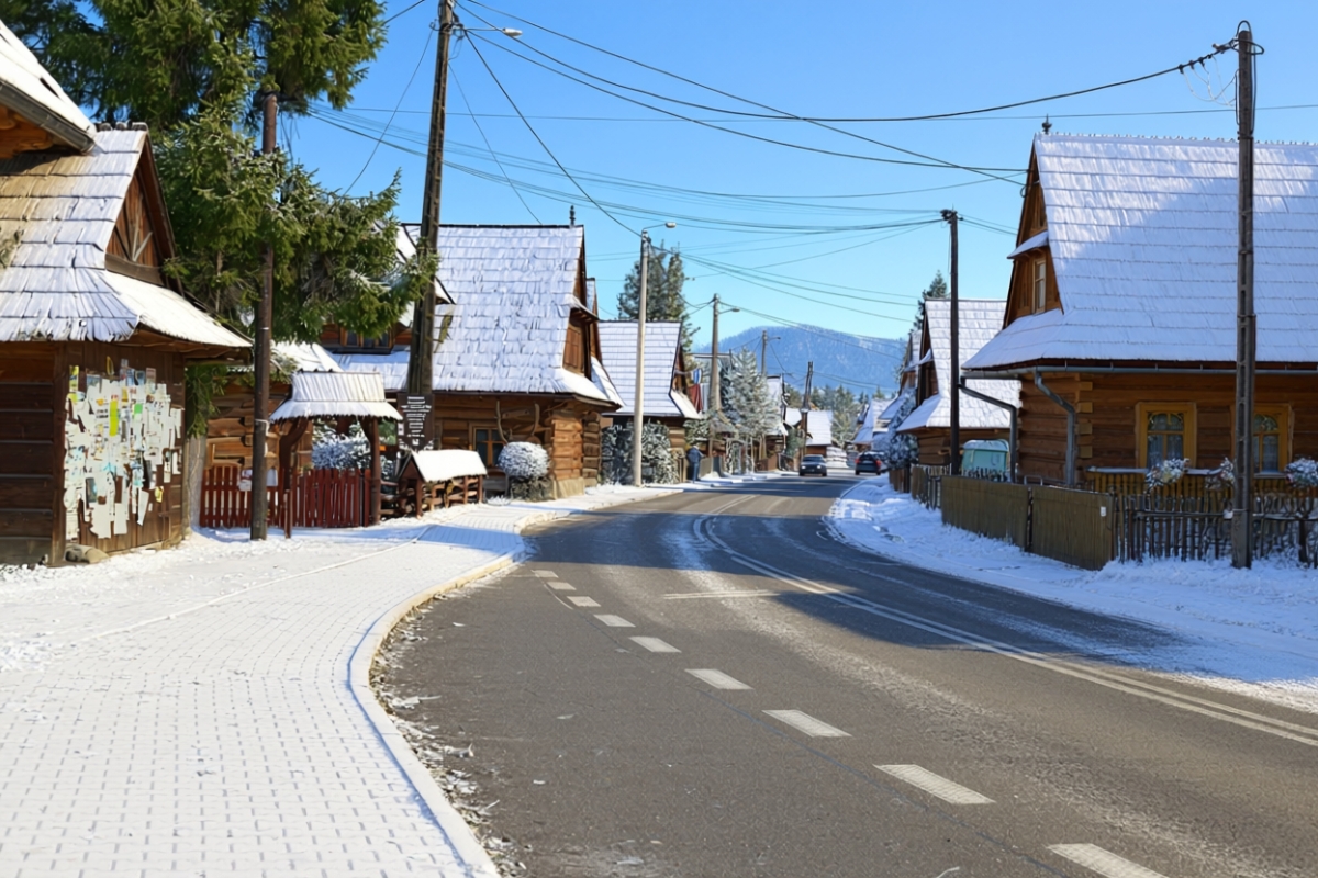 winter-mountain-village-street Snowy street lined with wooden houses in a Zakopane