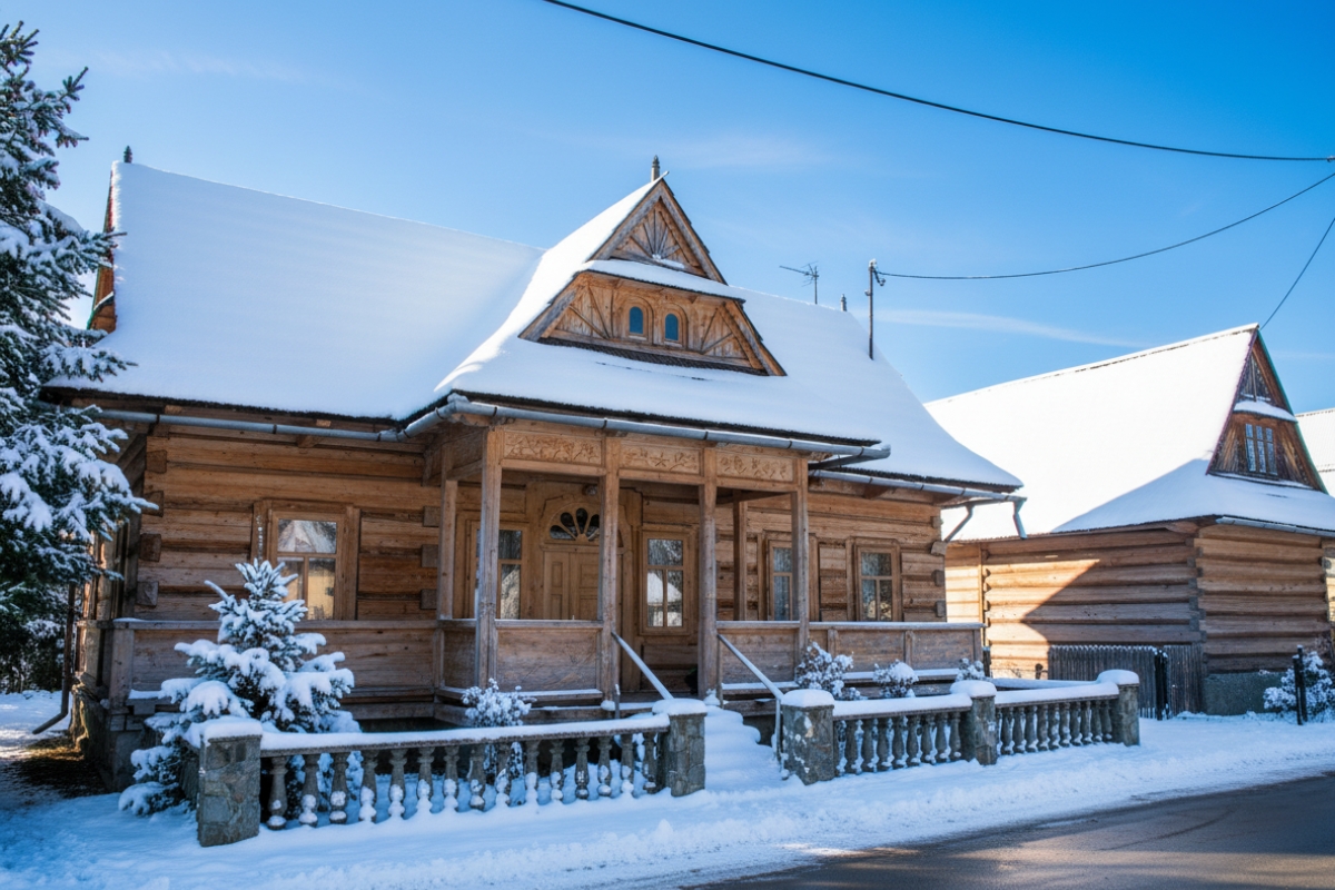 zakopane-wooden-house-winter Snow-covered wooden house in Zakopane on a sunny winter day