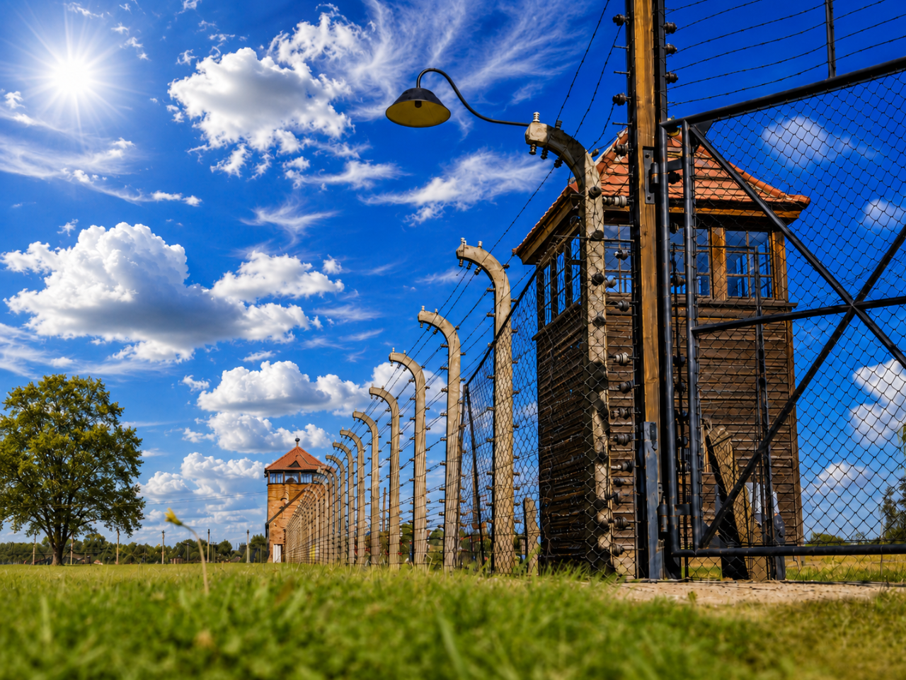 auschwitz-barbed-wire-watchtower Barbed wire fence at Auschwitz
