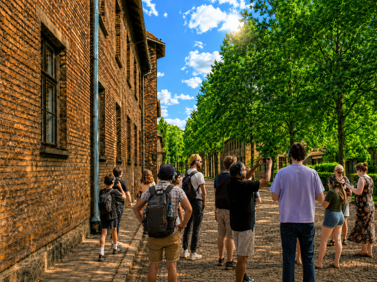 auschwitz-brick-barracks-guided-visit Tourists by brick barracks at Auschwitz