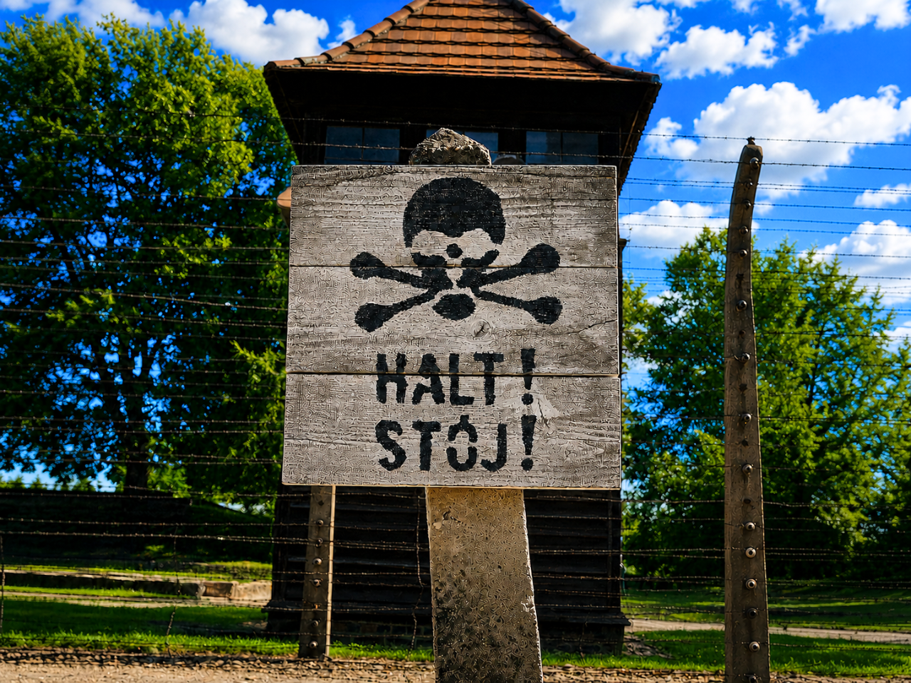 halt-stoj-warning-sign-auschwitz Halt Stój sign at Auschwitz