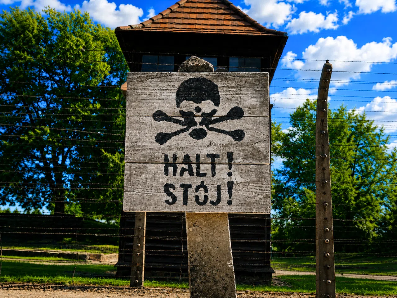 halt-stoj-warning-sign-auschwitz Halt Stój sign at Auschwitz