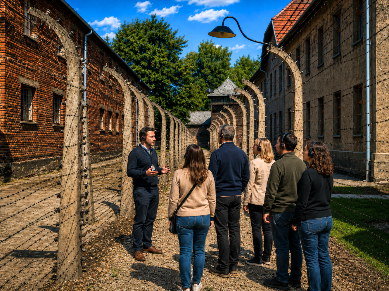 private-auschwitz-tour-with-guide Guide with group at Auschwitz