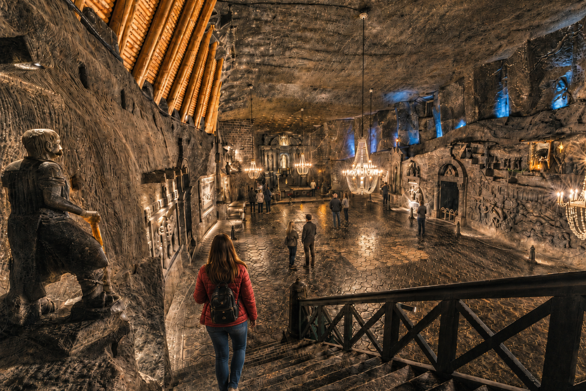 underground-salt-chamber Visitors in an underground salt chamber